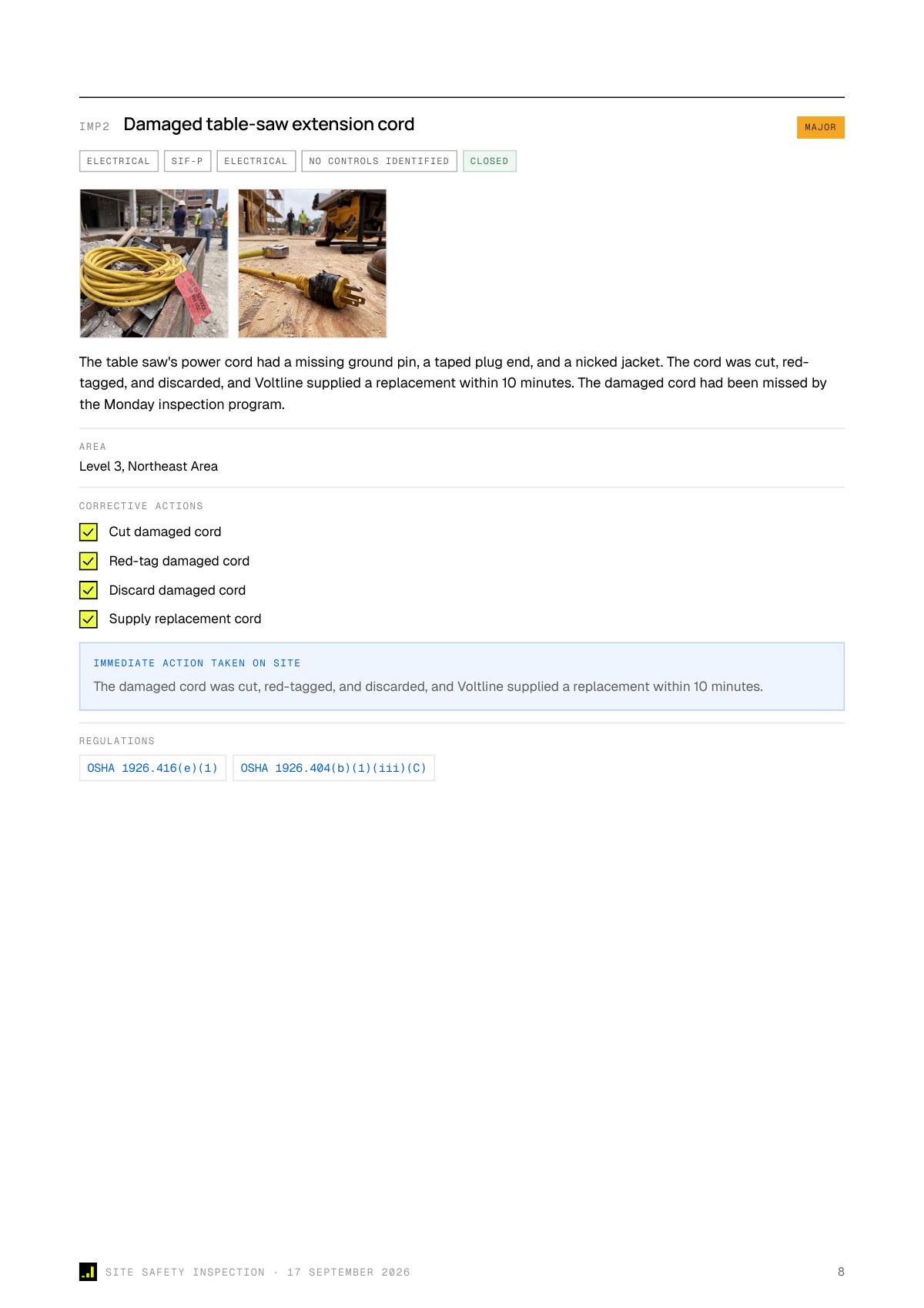 Finding IMP2, a damaged table-saw extension cord, with two photos, four completed corrective actions and two OSHA citations